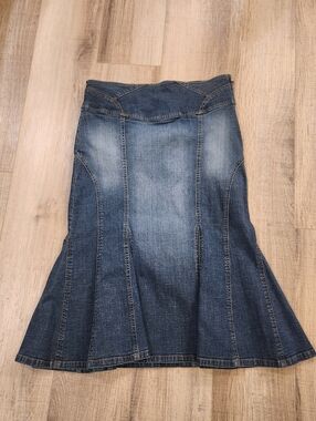 W by Worth Denim Flare Skirt Womens 6 Blue Panel Trumpet Stretch Western Midi